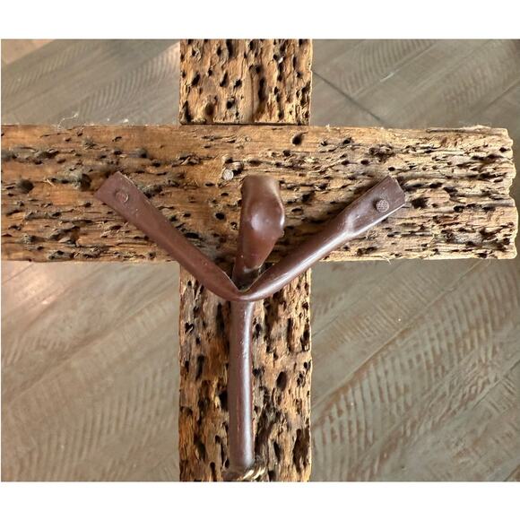 Vintage Brutalist Handmade Religious Metalware Cross 12.5"x8" Drift Wood - Picture 5 of 6